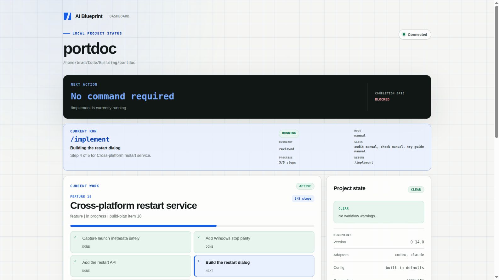 AI Blueprint dashboard showing PortDoc at feature 18 with a reviewed implementation run active, three of five steps complete, and 24 of 25 build-plan items complete.